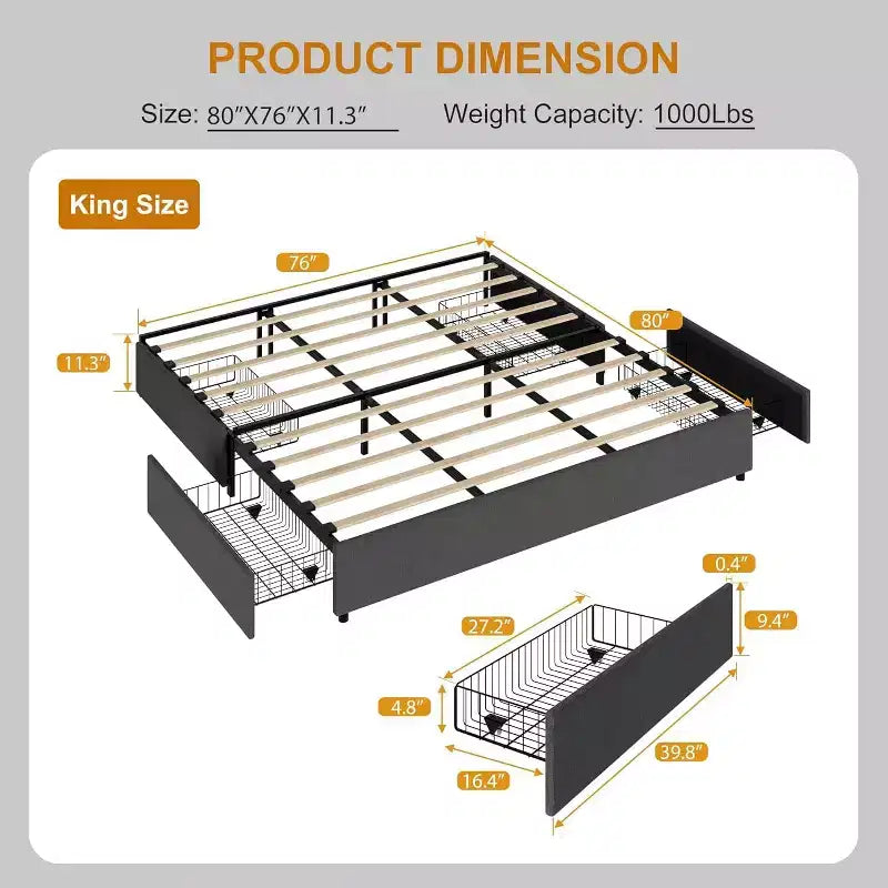 Grey Full/King Size Upholstered Fabric Platform Bed Frame with 4 Storage Drawers - No Box Spring Needed, Wooden Slat Support, Noise-Free