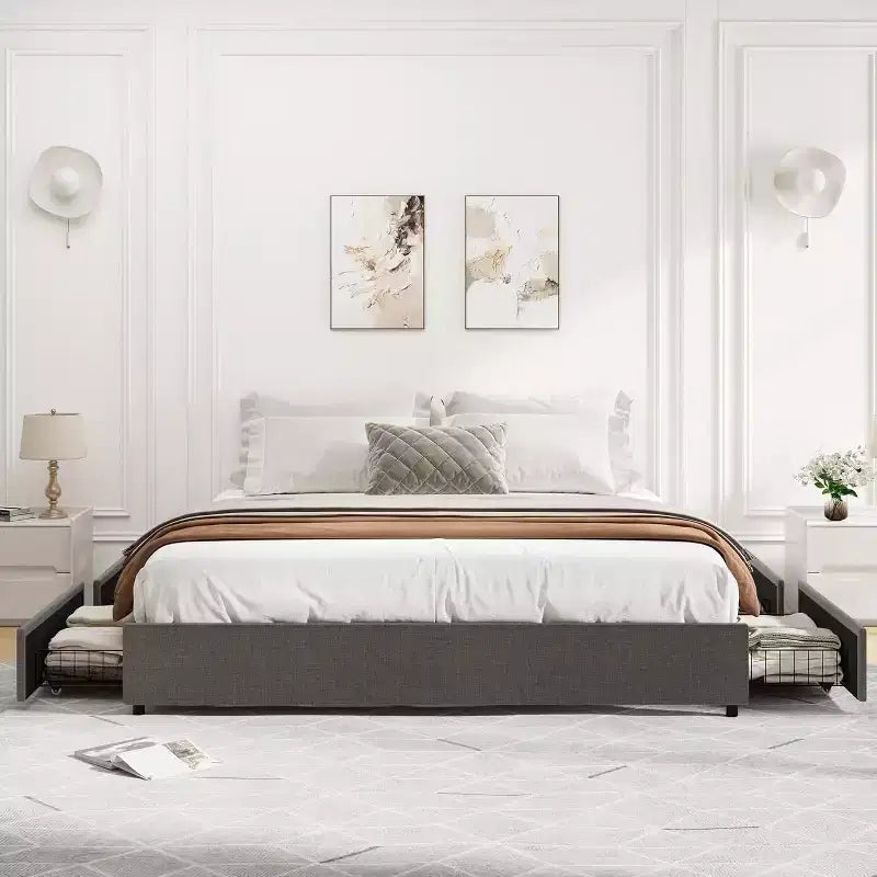 Grey Full/King Size Upholstered Fabric Platform Bed Frame with 4 Storage Drawers - No Box Spring Needed, Wooden Slat Support, Noise-Free