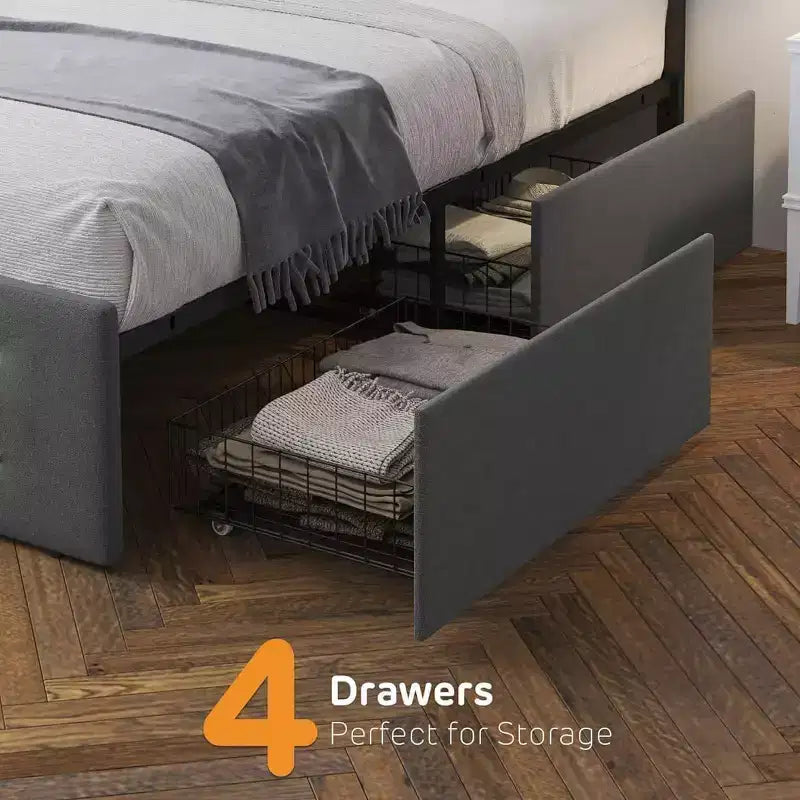 Grey Full/King Size Upholstered Fabric Platform Bed Frame with 4 Storage Drawers - No Box Spring Needed, Wooden Slat Support, Noise-Free