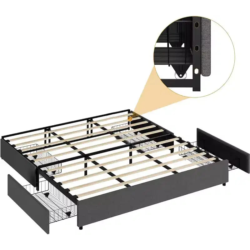 Grey Full/King Size Upholstered Fabric Platform Bed Frame with 4 Storage Drawers - No Box Spring Needed, Wooden Slat Support, Noise-Free