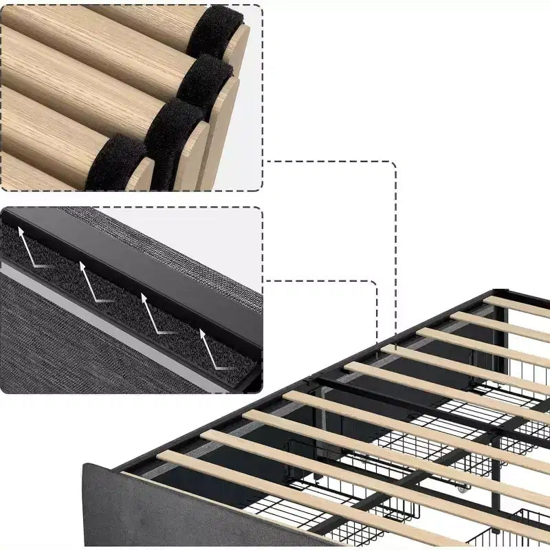 Grey Full/King Size Upholstered Fabric Platform Bed Frame with 4 Storage Drawers - No Box Spring Needed, Wooden Slat Support, Noise-Free