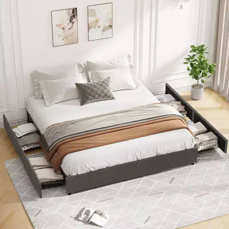 Grey Full/King Size Upholstered Fabric Platform Bed Frame with 4 Storage Drawers - No Box Spring Needed, Wooden Slat Support, Noise-Free