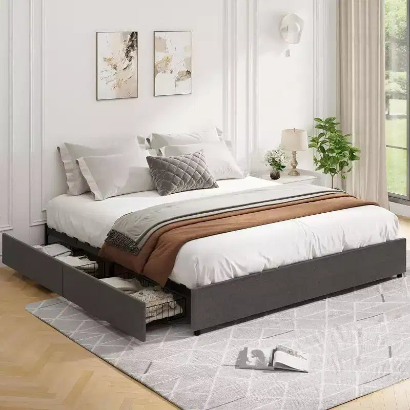 Grey Full/King Size Upholstered Fabric Platform Bed Frame with 4 Storage Drawers - No Box Spring Needed, Wooden Slat Support, Noise-Free