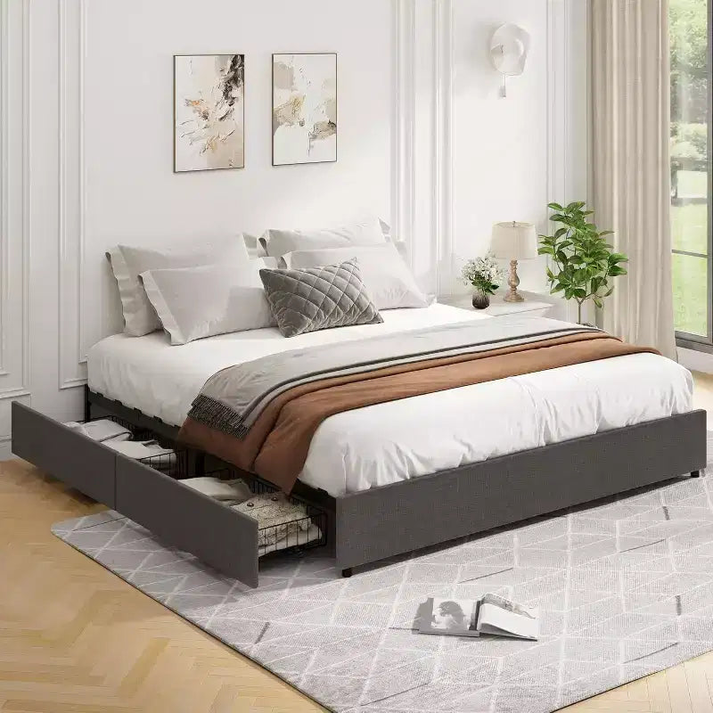 Grey Full/King Size Upholstered Fabric Platform Bed Frame with 4 Storage Drawers - No Box Spring Needed, Wooden Slat Support, Noise-Free