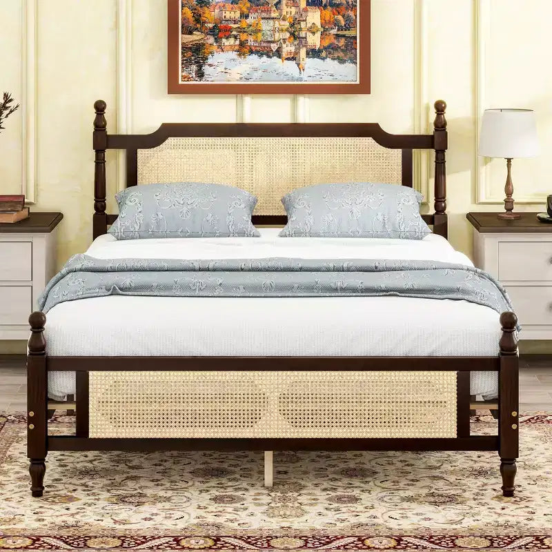 GDFStudio Julius Rattan Footboard and Headboard Pine Wooden Bed