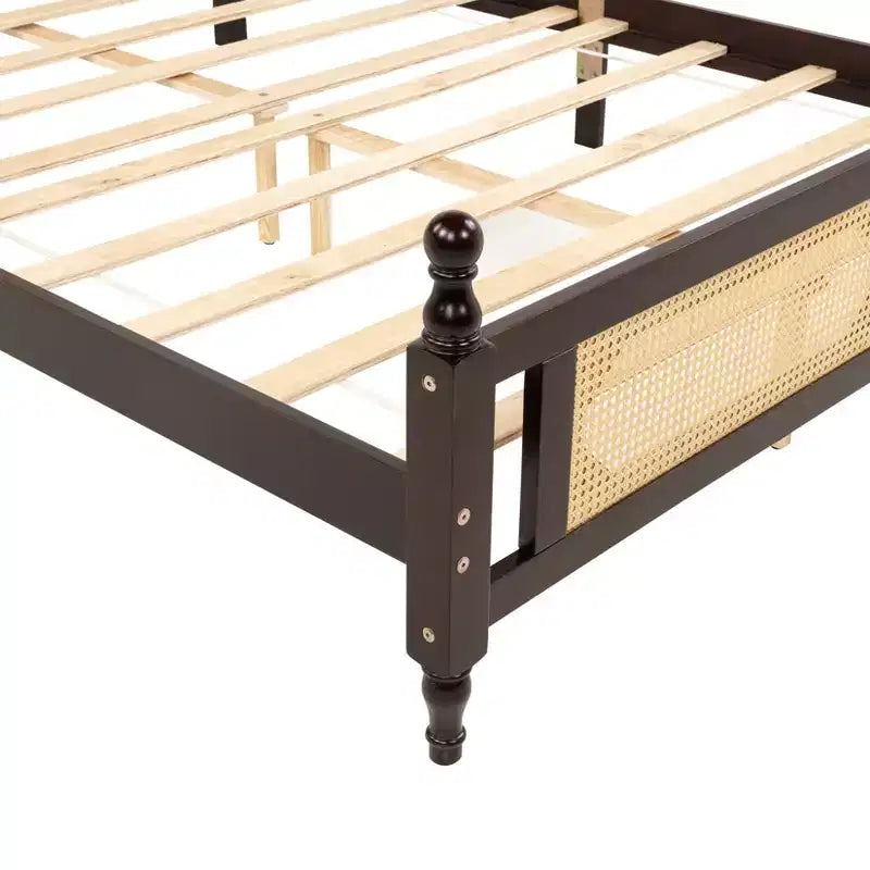 GDFStudio Julius Rattan Footboard and Headboard Pine Wooden Bed
