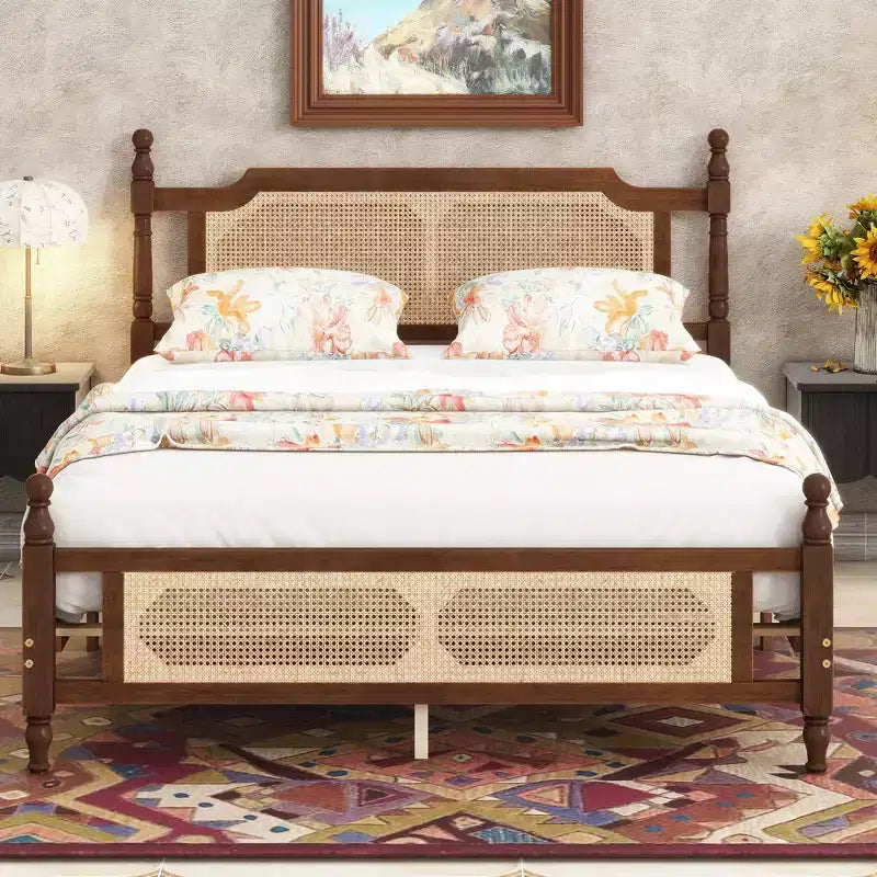 GDFStudio Julius Rattan Footboard and Headboard Pine Wooden Bed