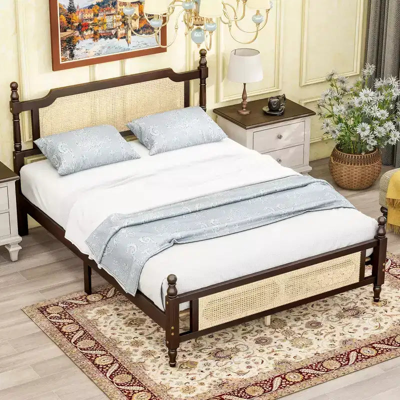GDFStudio Julius Rattan Footboard and Headboard Pine Wooden Bed