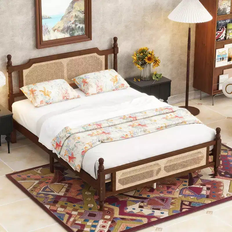GDFStudio Julius Rattan Footboard and Headboard Pine Wooden Bed