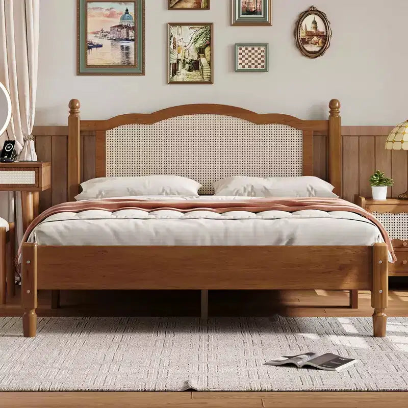 MAYEERTY Queen Size Wooden Platform Bed with Natural Rattan Headboard Vintage Bed Frame with Wooden Slat Brown