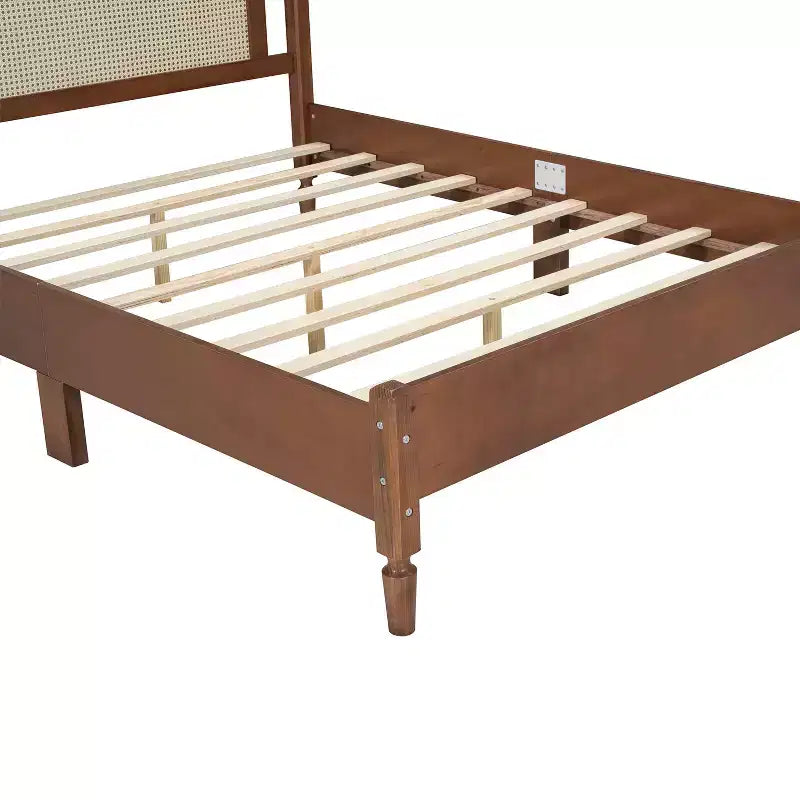 MAYEERTY Queen Size Wooden Platform Bed with Natural Rattan Headboard Vintage Bed Frame with Wooden Slat Brown