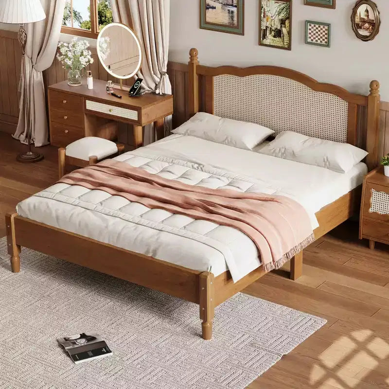 MAYEERTY Queen Size Wooden Platform Bed with Natural Rattan Headboard Vintage Bed Frame with Wooden Slat Brown