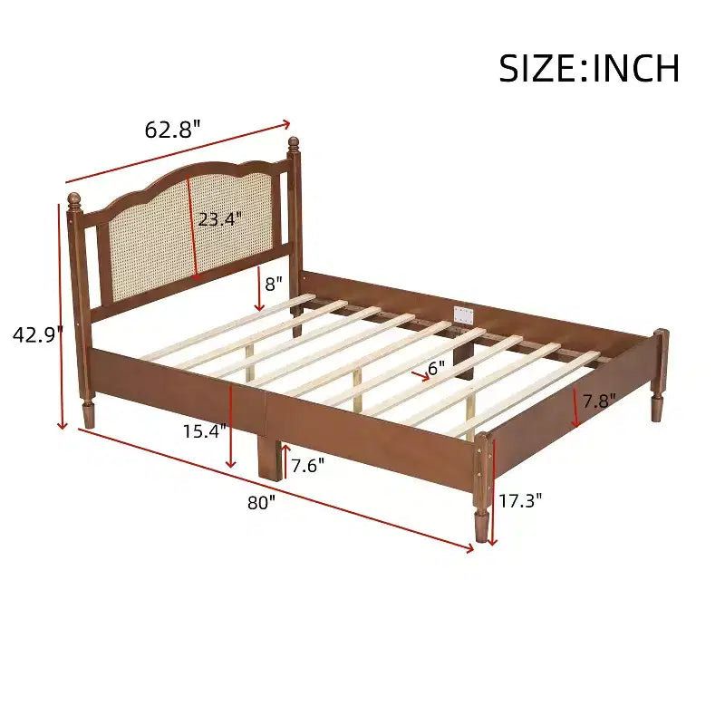 MAYEERTY Queen Size Wooden Platform Bed with Natural Rattan Headboard Vintage Bed Frame with Wooden Slat Brown