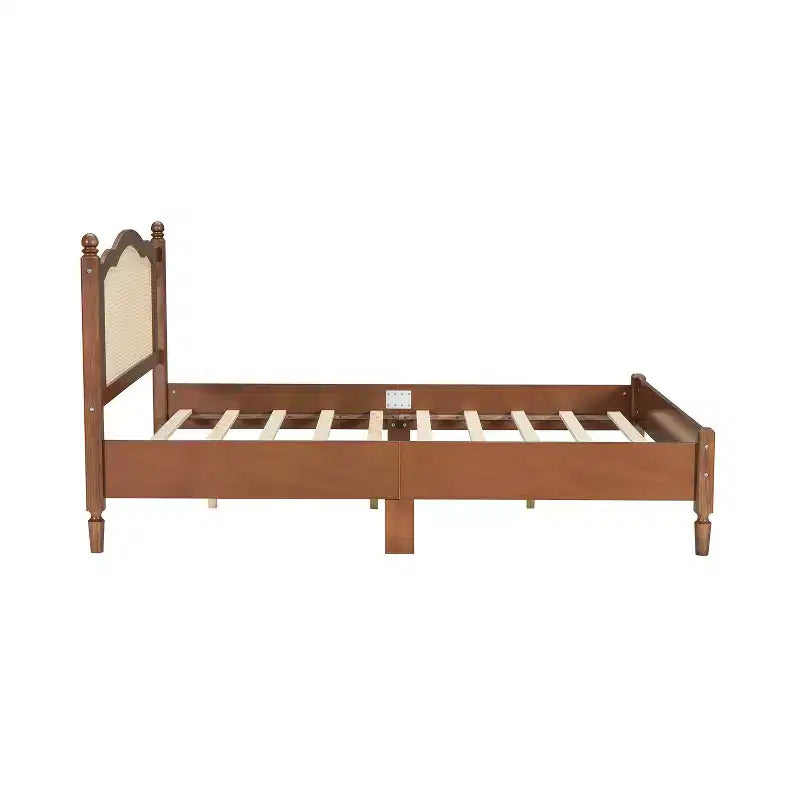 MAYEERTY Queen Size Wooden Platform Bed with Natural Rattan Headboard Vintage Bed Frame with Wooden Slat Brown