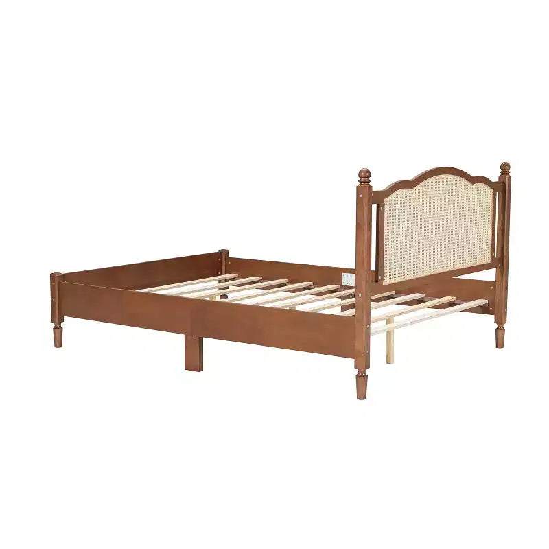 MAYEERTY Queen Size Wooden Platform Bed with Natural Rattan Headboard Vintage Bed Frame with Wooden Slat Brown