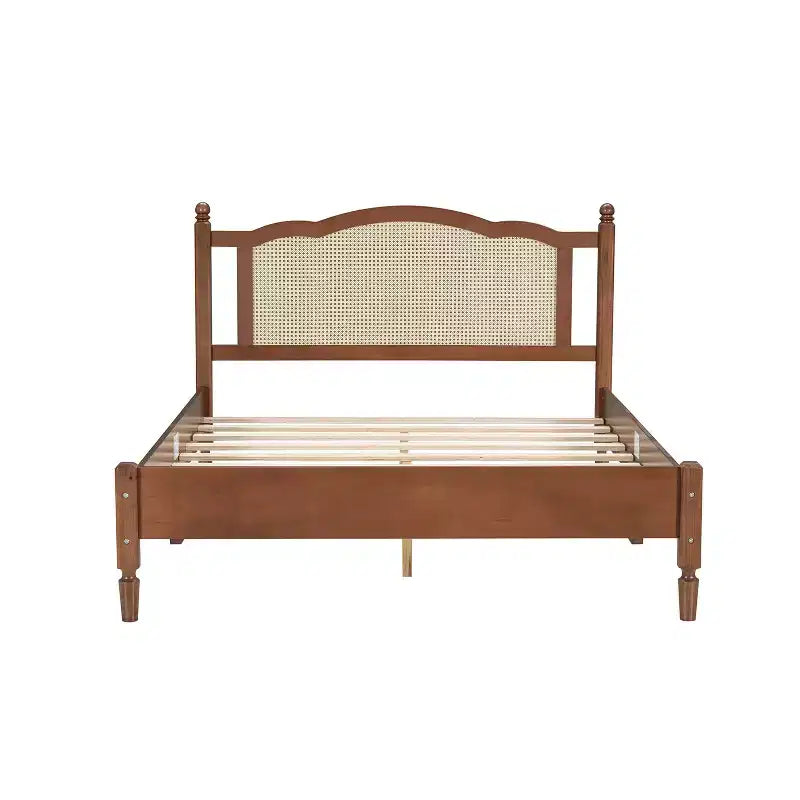 MAYEERTY Queen Size Wooden Platform Bed with Natural Rattan Headboard Vintage Bed Frame with Wooden Slat Brown