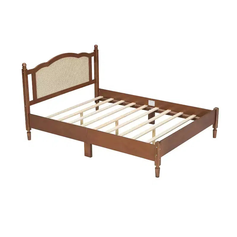 MAYEERTY Queen Size Wooden Platform Bed with Natural Rattan Headboard Vintage Bed Frame with Wooden Slat Brown
