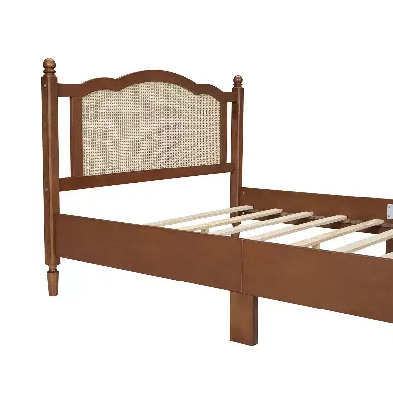 MAYEERTY Queen Size Wooden Platform Bed with Natural Rattan Headboard Vintage Bed Frame with Wooden Slat Brown