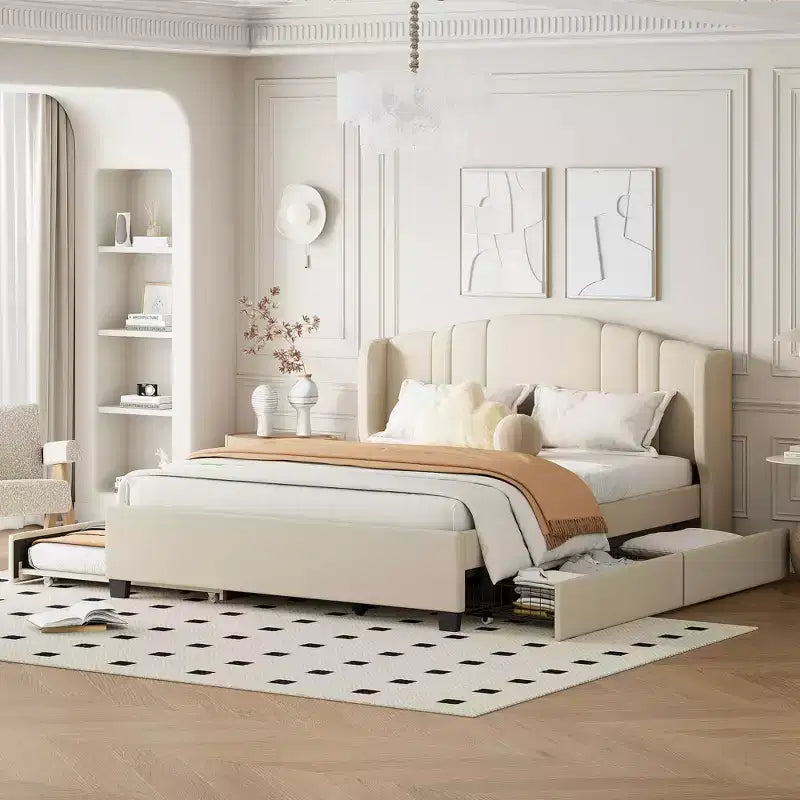 MAYEERTY Queen Size Upholstered Platform Bed with Wingback Headboard Twin Trundle 2 Drawers Beige