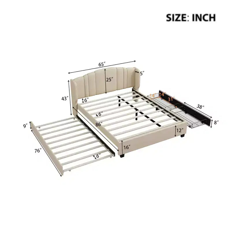 MAYEERTY Queen Size Upholstered Platform Bed with Wingback Headboard Twin Trundle 2 Drawers Beige