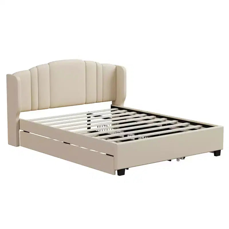 MAYEERTY Queen Size Upholstered Platform Bed with Wingback Headboard Twin Trundle 2 Drawers Beige