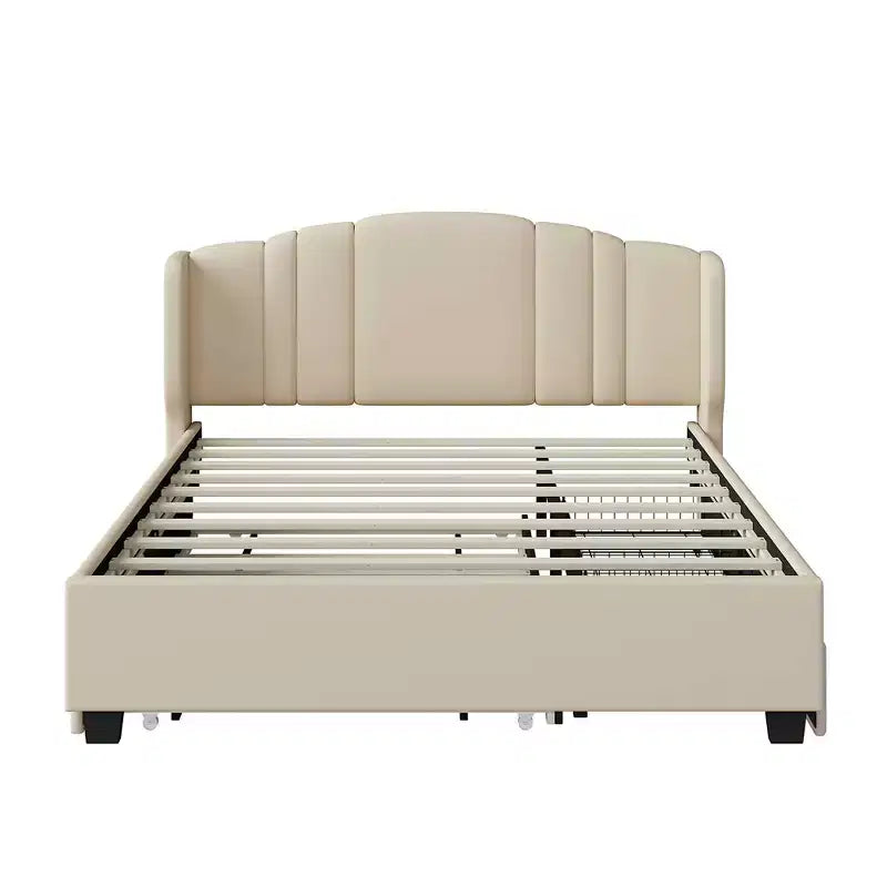 MAYEERTY Queen Size Upholstered Platform Bed with Wingback Headboard Twin Trundle 2 Drawers Beige