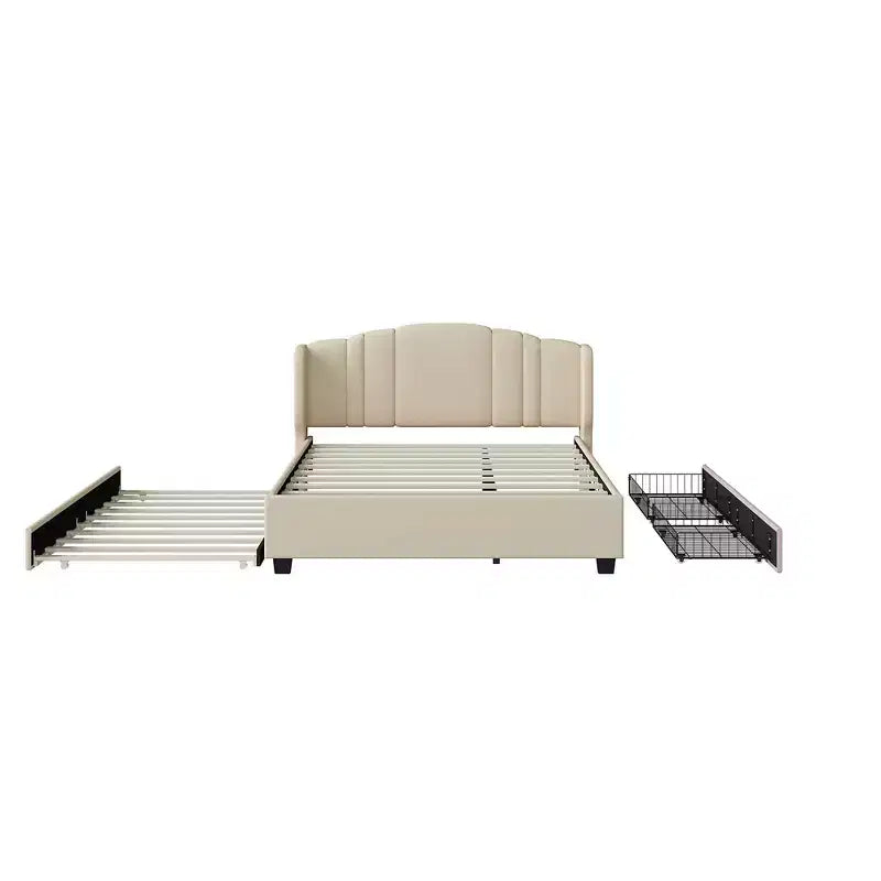 MAYEERTY Queen Size Upholstered Platform Bed with Wingback Headboard Twin Trundle 2 Drawers Beige