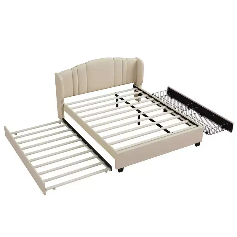 MAYEERTY Queen Size Upholstered Platform Bed with Wingback Headboard Twin Trundle 2 Drawers Beige
