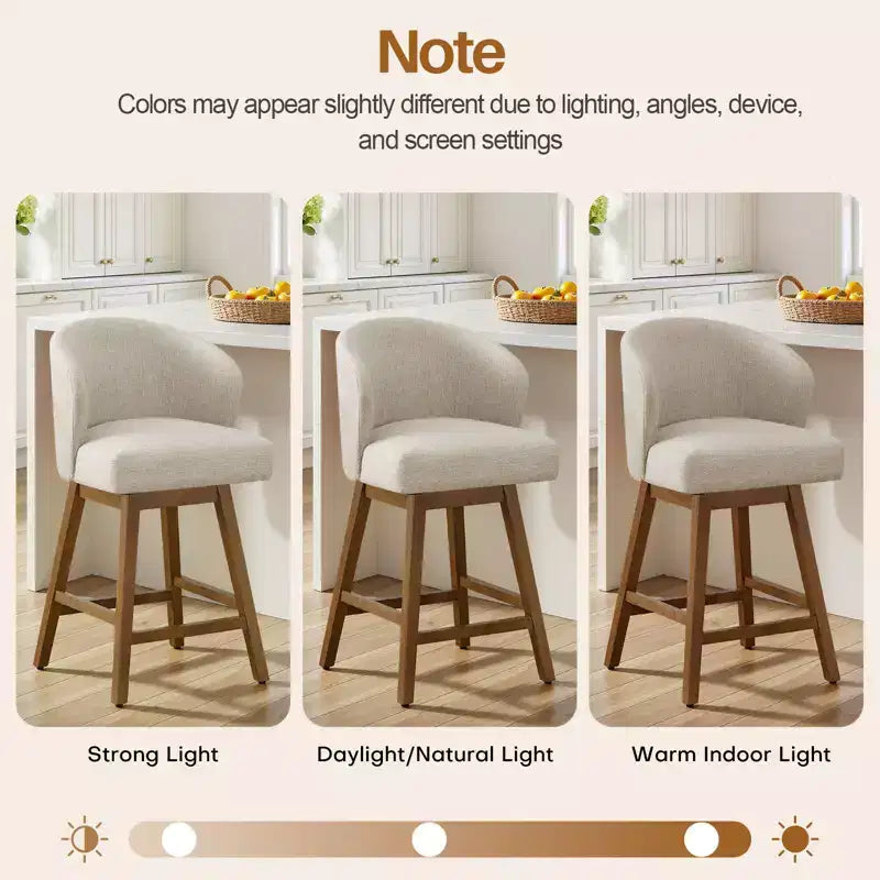 Bekrvio 26 Counter Height Swivel Bar Stools with U-Shaped Back Rubber Wood Frame, Linen/PU Leather Upholstered Bar Chair Barstools for Kitchen Island