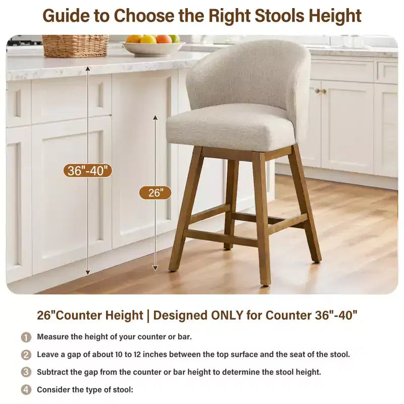 Bekrvio 26 Counter Height Swivel Bar Stools with U-Shaped Back Rubber Wood Frame, Linen/PU Leather Upholstered Bar Chair Barstools for Kitchen Island