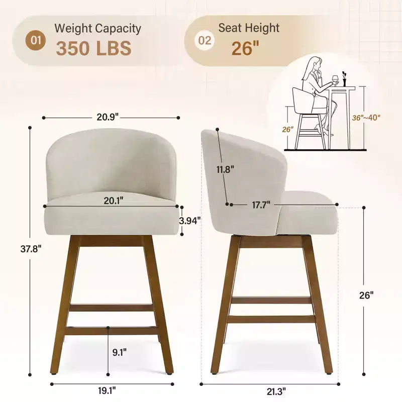 Bekrvio 26 Counter Height Swivel Bar Stools with U-Shaped Back Rubber Wood Frame, Linen/PU Leather Upholstered Bar Chair Barstools for Kitchen Island