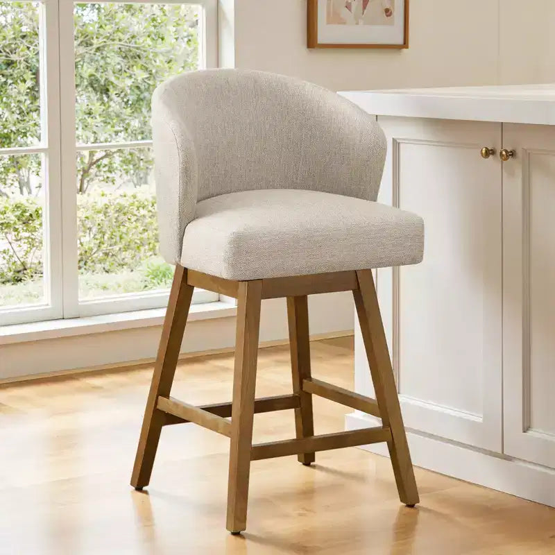 Bekrvio 26 Counter Height Swivel Bar Stools with U-Shaped Back Rubber Wood Frame, Linen/PU Leather Upholstered Bar Chair Barstools for Kitchen Island