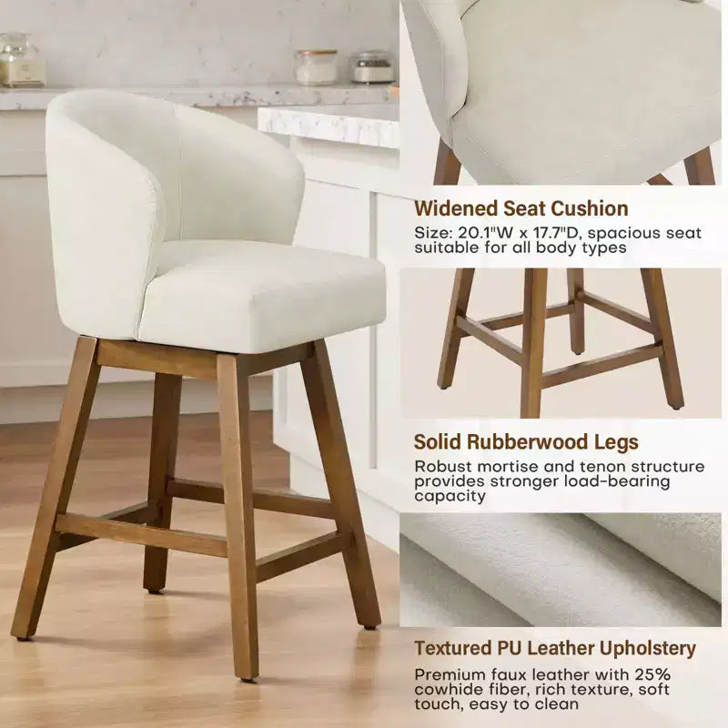 Bekrvio 26 Counter Height Swivel Bar Stools with U-Shaped Back Rubber Wood Frame, Linen/PU Leather Upholstered Bar Chair Barstools for Kitchen Island