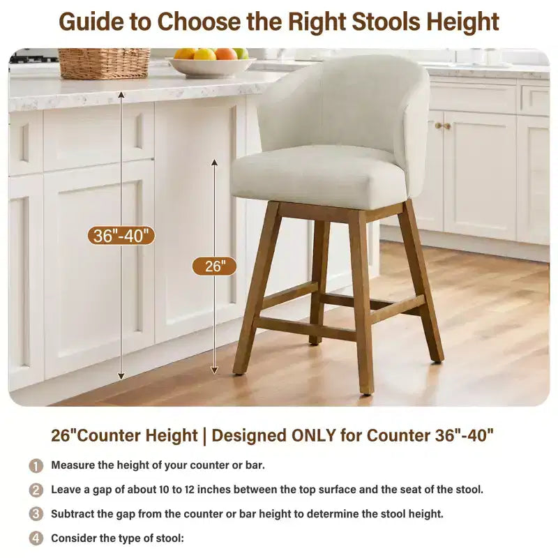 Bekrvio 26 Counter Height Swivel Bar Stools with U-Shaped Back Rubber Wood Frame, Linen/PU Leather Upholstered Bar Chair Barstools for Kitchen Island