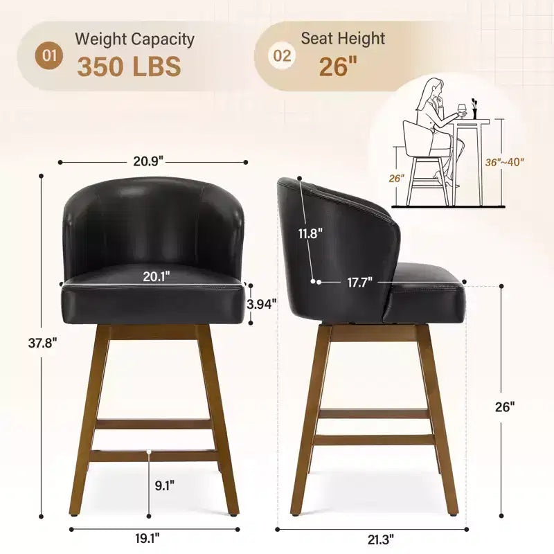Bekrvio 26 Counter Height Swivel Bar Stools with U-Shaped Back Rubber Wood Frame, Linen/PU Leather Upholstered Bar Chair Barstools for Kitchen Island