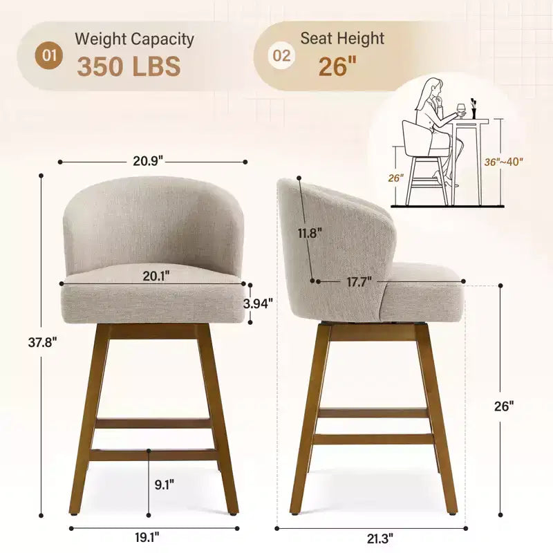 Bekrvio 26 Counter Height Swivel Bar Stools with U-Shaped Back Rubber Wood Frame, Linen/PU Leather Upholstered Bar Chair Barstools for Kitchen Island