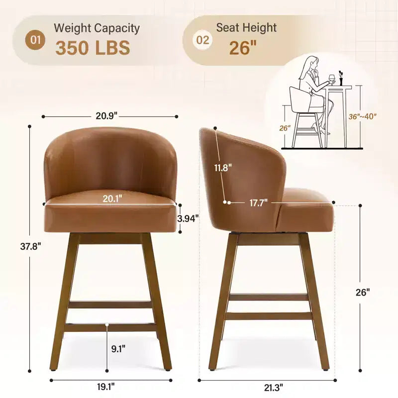 Bekrvio 26 Counter Height Swivel Bar Stools with U-Shaped Back Rubber Wood Frame, Linen/PU Leather Upholstered Bar Chair Barstools for Kitchen Island