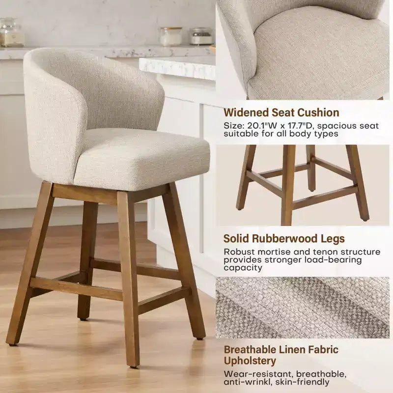 Bekrvio 26 Counter Height Swivel Bar Stools with U-Shaped Back Rubber Wood Frame, Linen/PU Leather Upholstered Bar Chair Barstools for Kitchen Island
