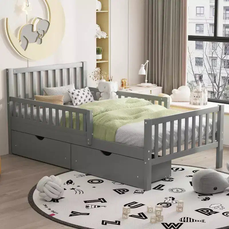 MAYEERTY Twin Size Wood Platform Bed with Guardrails on Both Sides and Two Drawers Gray