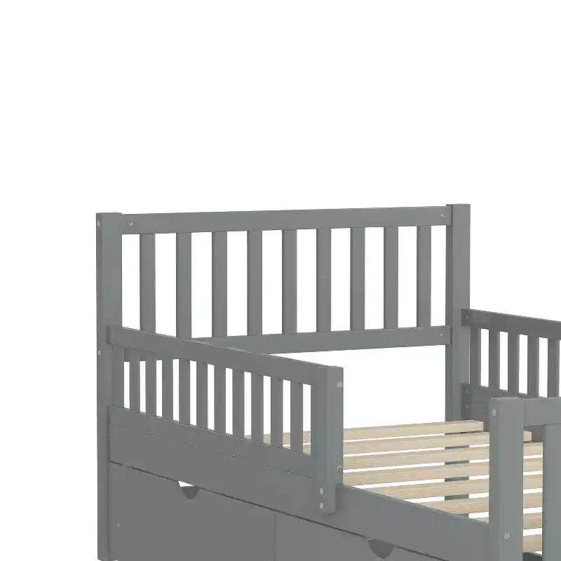 MAYEERTY Twin Size Wood Platform Bed with Guardrails on Both Sides and Two Drawers Gray