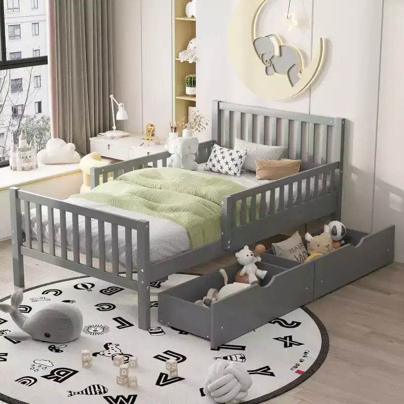 MAYEERTY Twin Size Wood Platform Bed with Guardrails on Both Sides and Two Drawers Gray