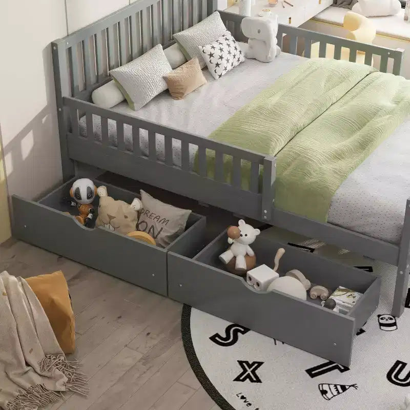 MAYEERTY Twin Size Wood Platform Bed with Guardrails on Both Sides and Two Drawers Gray