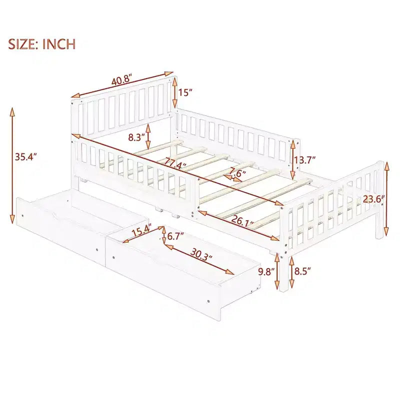 MAYEERTY Twin Size Wood Platform Bed with Guardrails on Both Sides and Two Drawers Gray