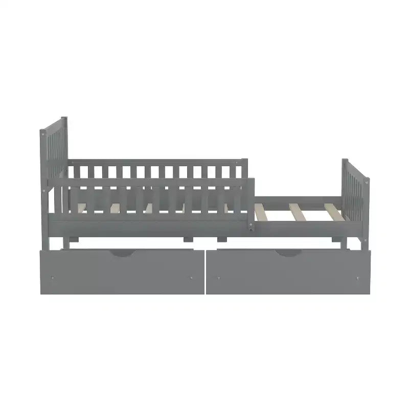 MAYEERTY Twin Size Wood Platform Bed with Guardrails on Both Sides and Two Drawers Gray