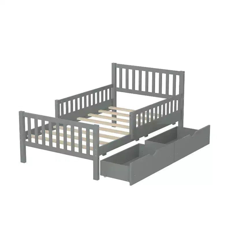 MAYEERTY Twin Size Wood Platform Bed with Guardrails on Both Sides and Two Drawers Gray
