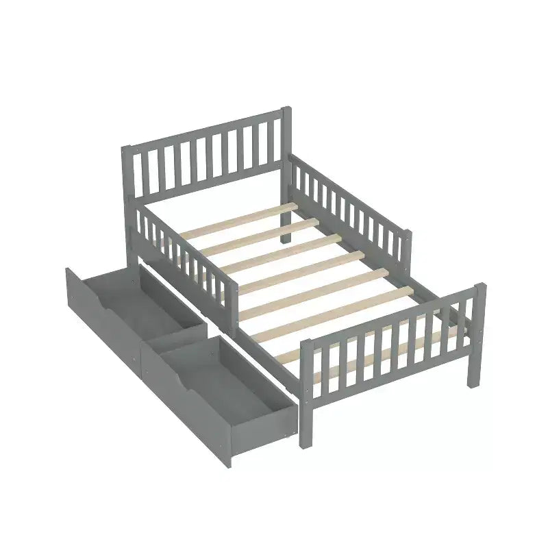 MAYEERTY Twin Size Wood Platform Bed with Guardrails on Both Sides and Two Drawers Gray