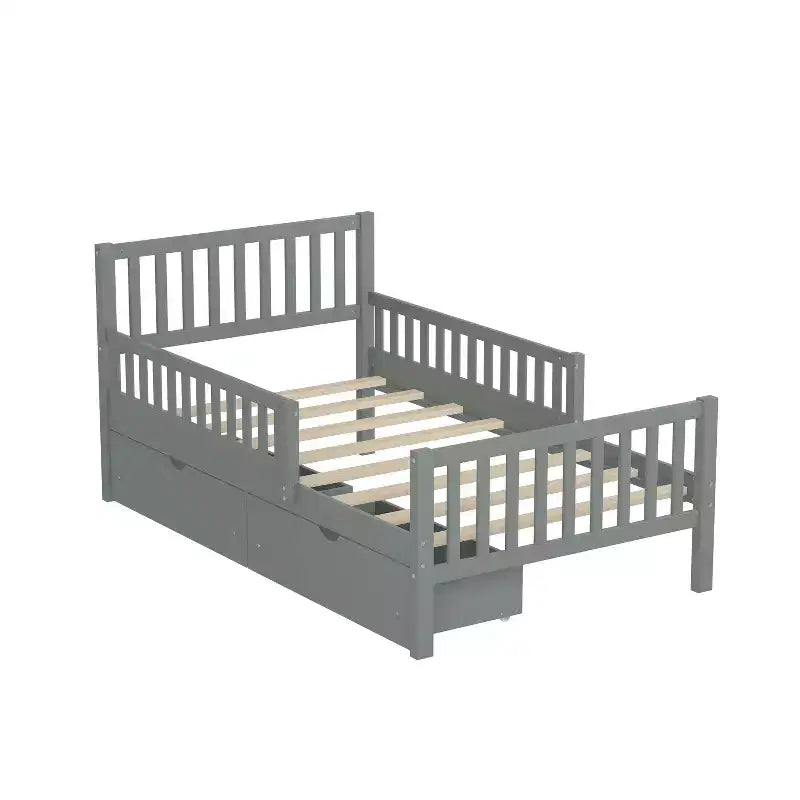 MAYEERTY Twin Size Wood Platform Bed with Guardrails on Both Sides and Two Drawers Gray