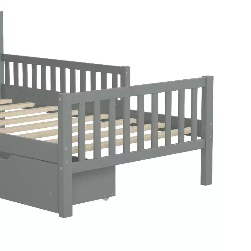 MAYEERTY Twin Size Wood Platform Bed with Guardrails on Both Sides and Two Drawers Gray