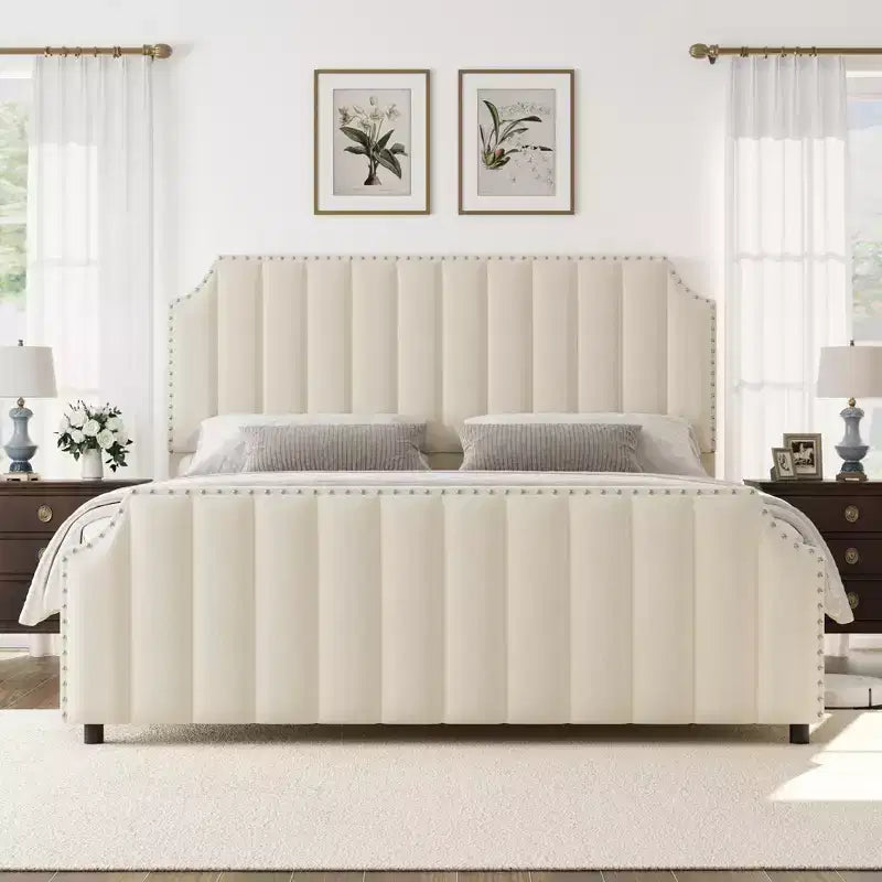 California King Size Platform Bed Frame with 50.2 Tall Headboard, Upholstered Bed with Vertical Channel Tufted Headboard & Footboard, Nailhead Trim