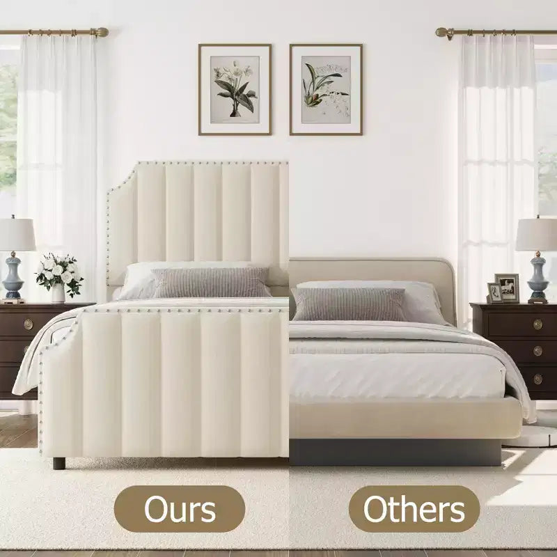 California King Size Platform Bed Frame with 50.2 Tall Headboard, Upholstered Bed with Vertical Channel Tufted Headboard & Footboard, Nailhead Trim